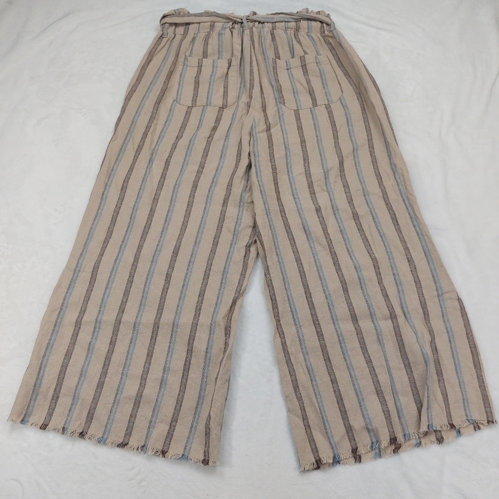 REWASH WOMEN'S TAN LINEN BLEND WIDE LEG BLUE STRIPE PULL ON CAPRI PANTS SIZE L - Picture 9 of 9